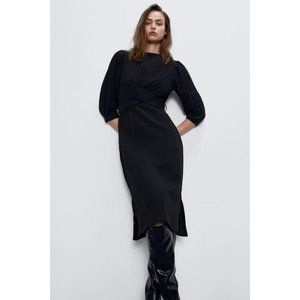 Zara Women's Black Rustic Cotton Belted 3/4 Sleeve V-Neck Dress Size XS